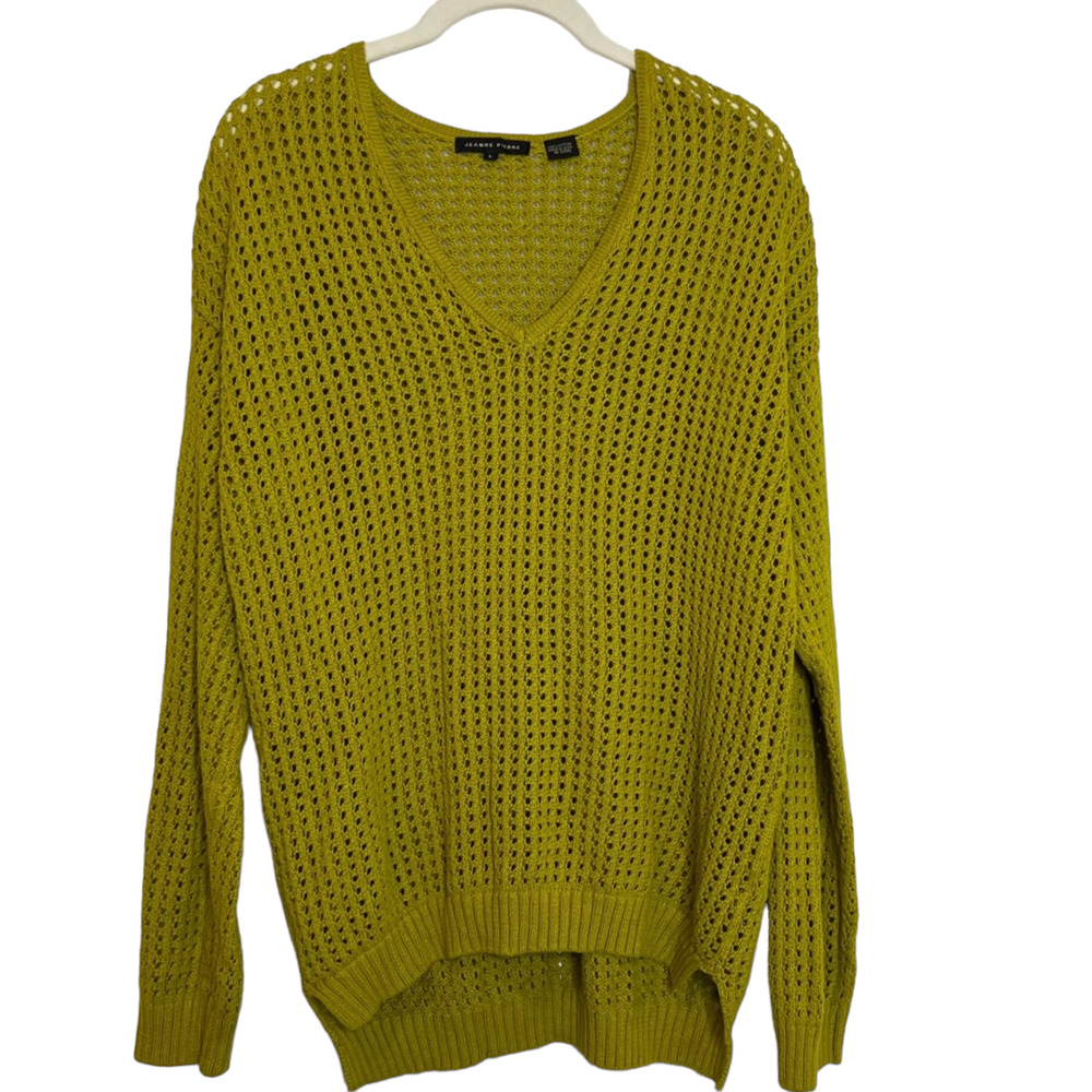 Jeanne Pierre Womens Open Knit Sweater Large Green Long Sleeve V-Neck High Low